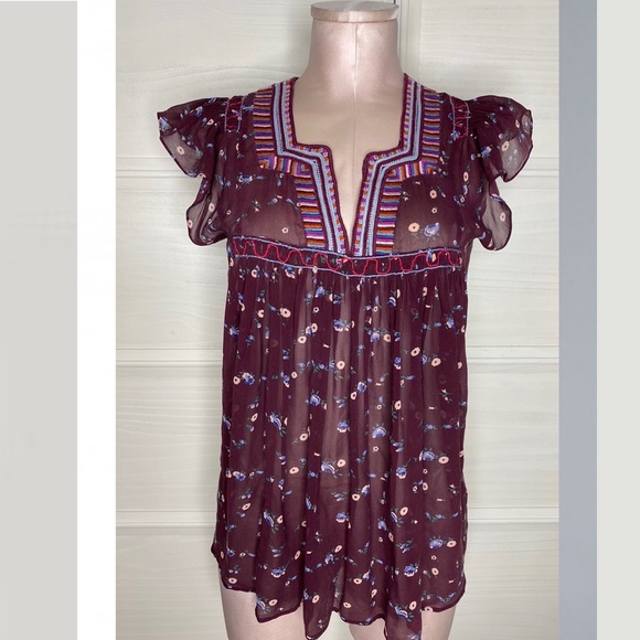 Ulla Johson Silk Floral Sheer Blouse Top Boho Bohemian Peasant Sz 4 - Picture 5 of 16